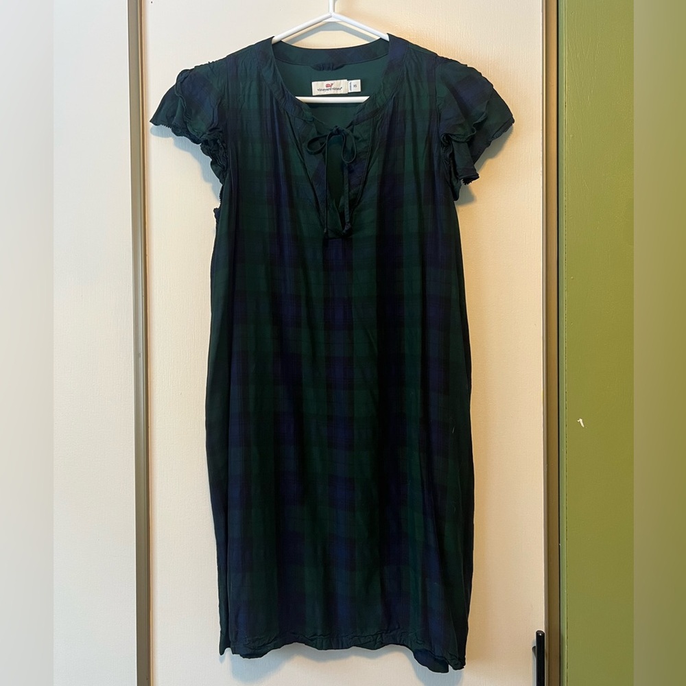 Vineyard Vines Dark Green and Navy Plaid Flutter Sleeve Dress